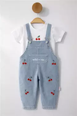 6-24 AY YAZLIK KİRAZLI BEBEK KOT SALOPET TAKIM MAVİ