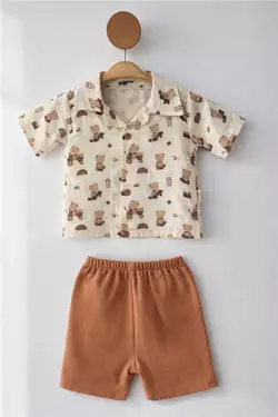 9-12-18 AY MÜSLİN ERKEK BEBEK TAKIM AYICIK DESENLİ KAHVERENGİ