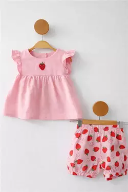 9-12-18 AY MÜSLİN KIZ BEBEK TAKIM ÇİLEKLİ PEMBE