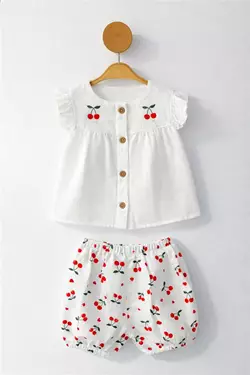 9-12-18 AY MÜSLİN KIZ BEBEK TAKIM KİRAZLI BEYAZ