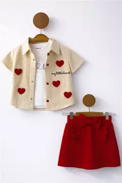 BOMLO 6-24 AY KALP NAKIŞLI ŞORT ETEKLİ KIZ BEBEK TAKIM KIRMIZI